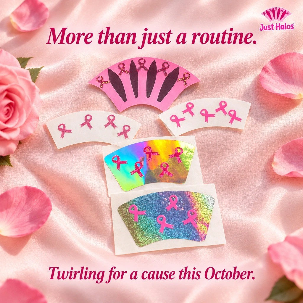 Breast cancer awareness baton halo designs with pink ribbons