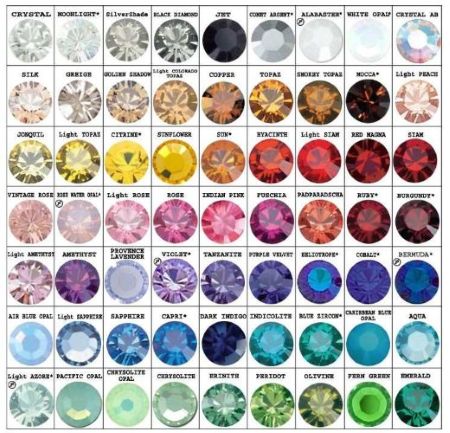 Color chart showing available Resin SS6 rhinestone colors