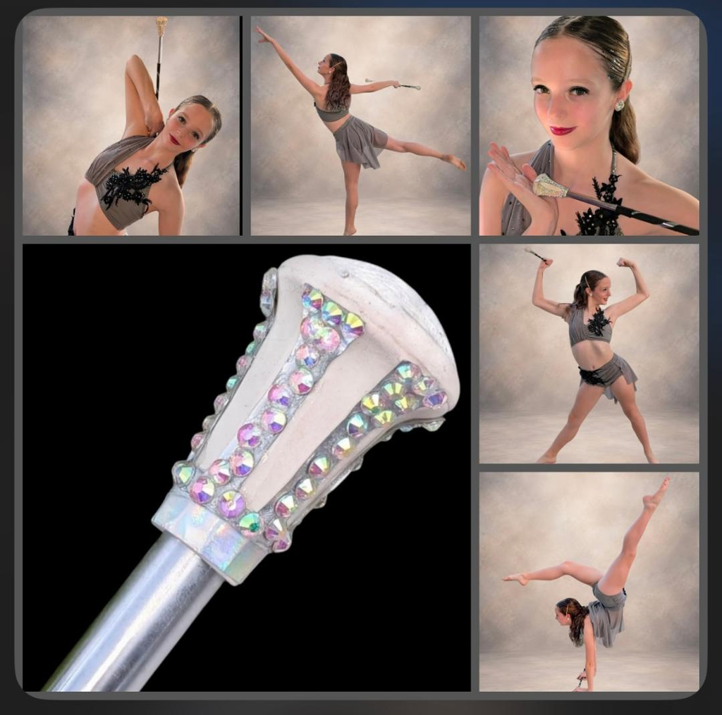 Baton twirler collage with a close-up of a sparkling halo on a baton