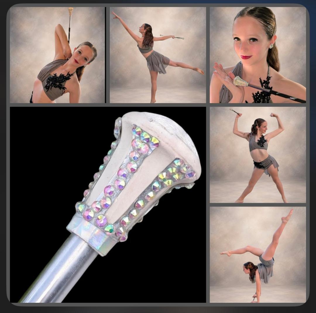 Baton twirler collage with a close-up of a sparkling halo on a baton