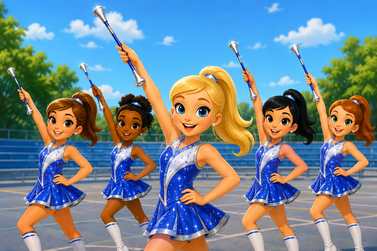 Five baton twirlers in blue uniforms posing outdoors with batons