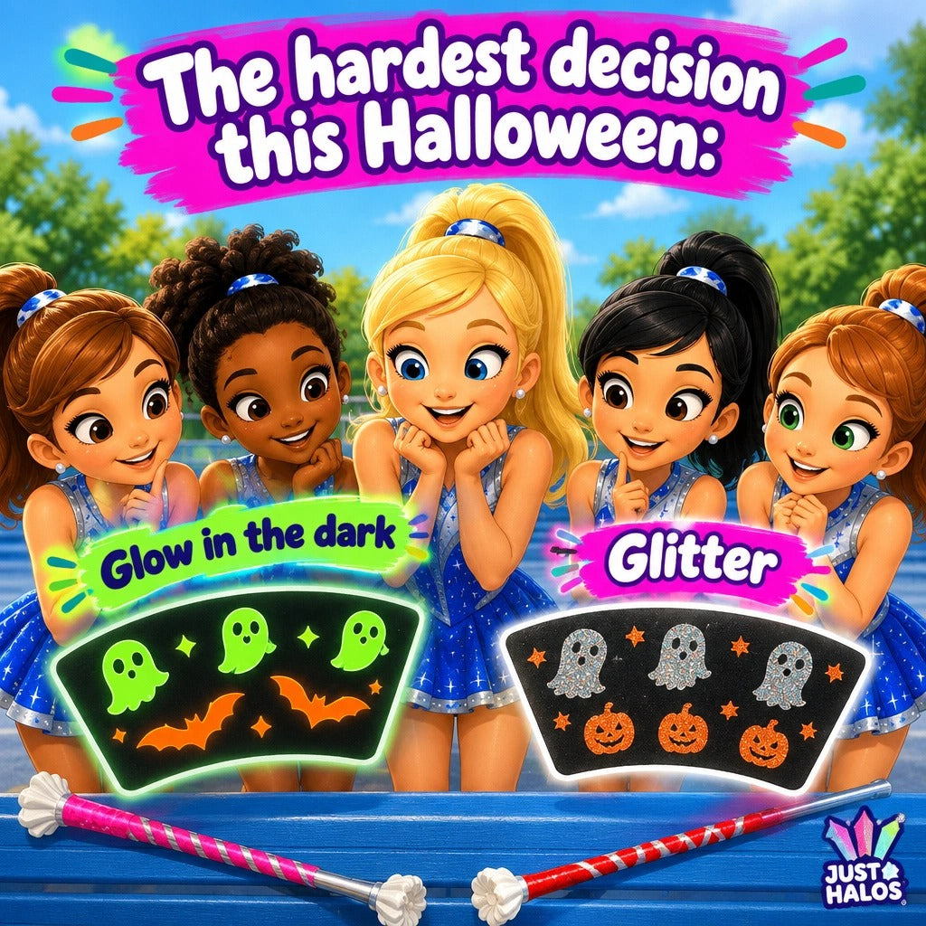 Halloween glow-in-the-dark and glitter baton halos for October Color of the Month
