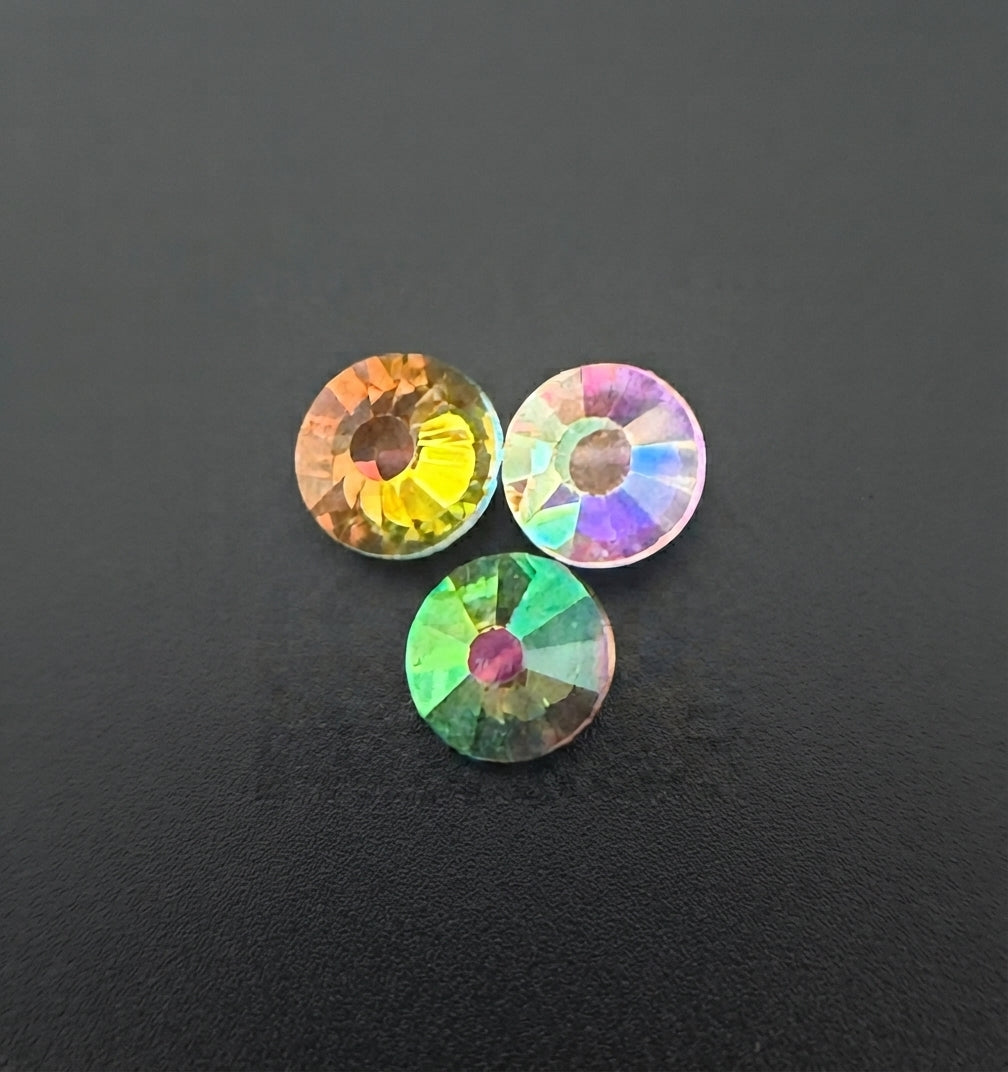 SS30 glass rhinestones in A/B, Green A/B, and Rainbow finishes